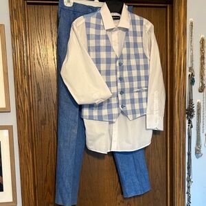 Super cute formalwear, pants, vest and shirt, light blue, linen look, 14